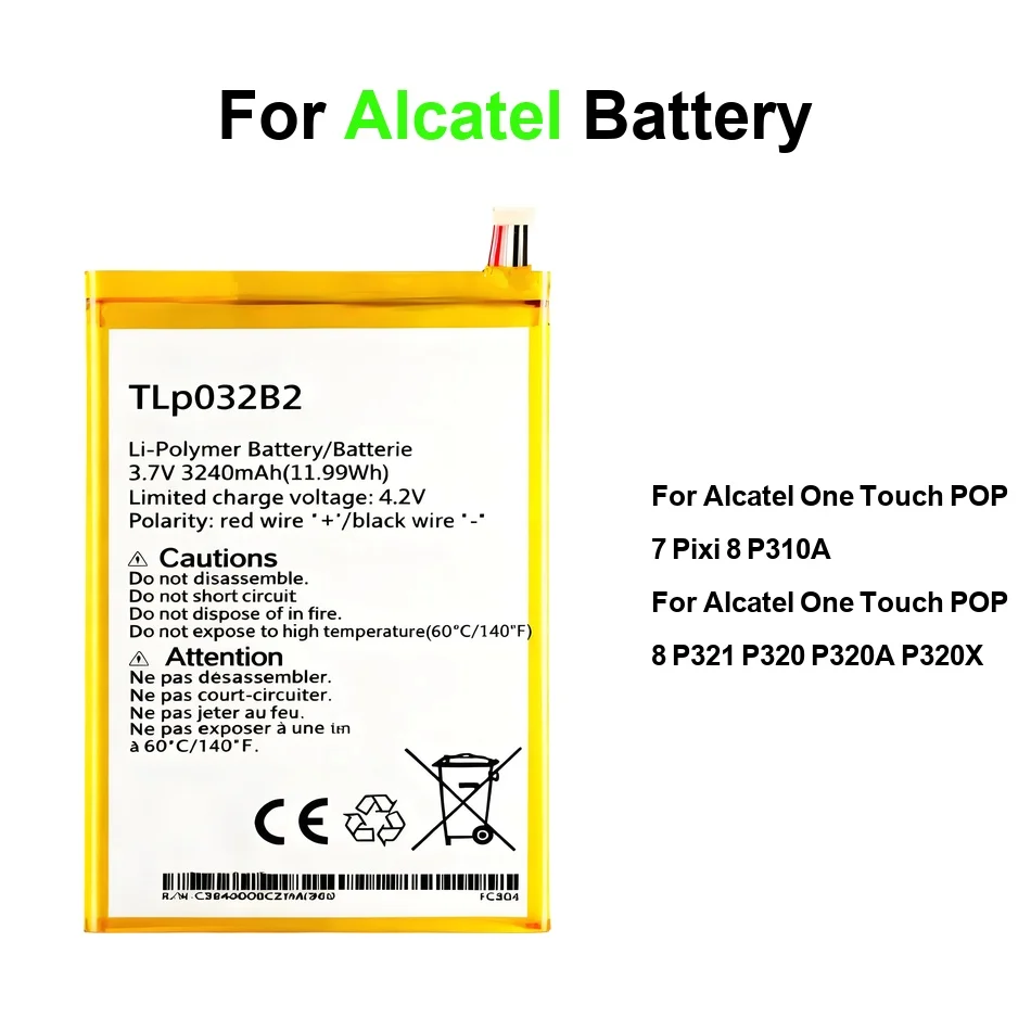 

TLp032B2 TLp032BD TLp041C2 / TLp041CC для Alcatel One Touch Pop 7 8 p310a P320 P321 Аккумулятор 3240-4060 мАч