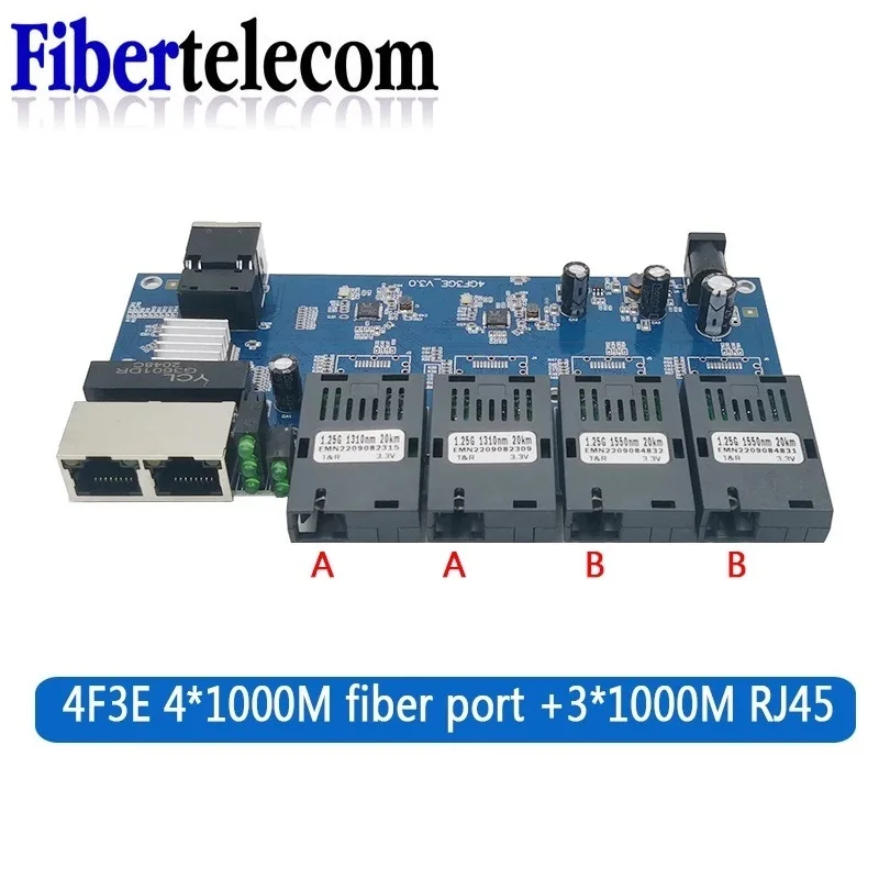 Gigabit Fiber Optic Media Converter SC 100/1000M PCBA Board Singlemode 4 Fiber 3 RJ45 Ethernet Switch Transceiver Simplex