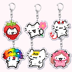 Kawaii Little Cat with Flower Keychains Strawberry Kitten Keyring for Accessories Bag Key Chain Ring Jewelry Fans Friends Gifts