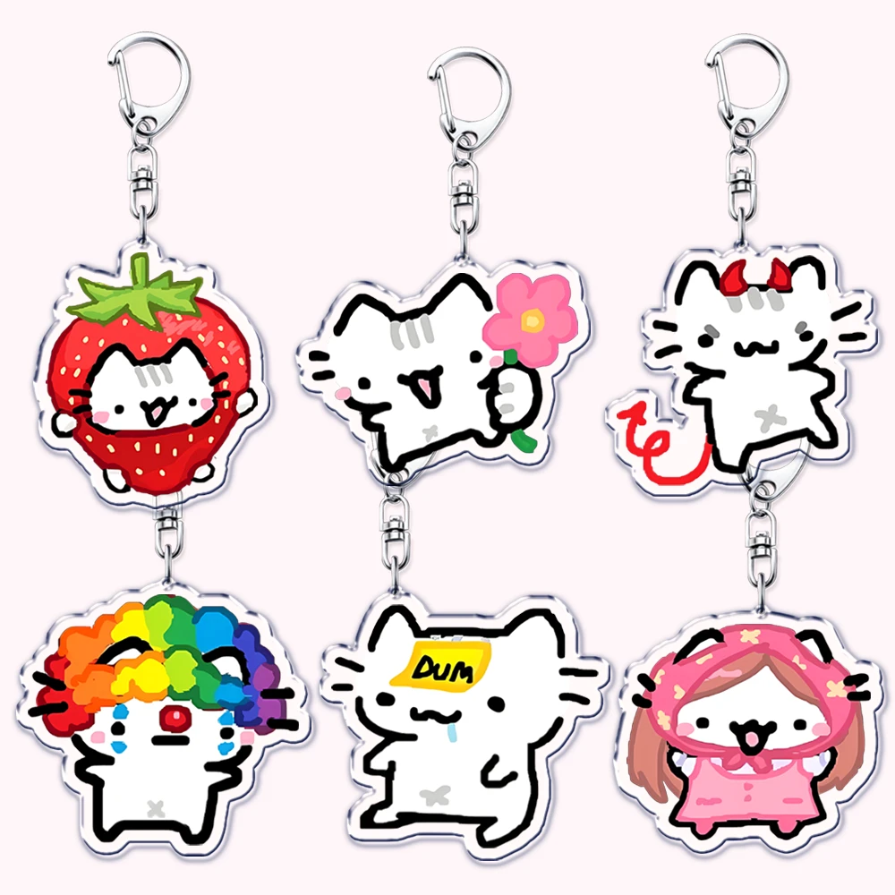 Kawaii Little Cat with Flower Keychains Strawberry Kitten Keyring for Accessories Bag Key Chain Ring Jewelry Fans Friends Gifts