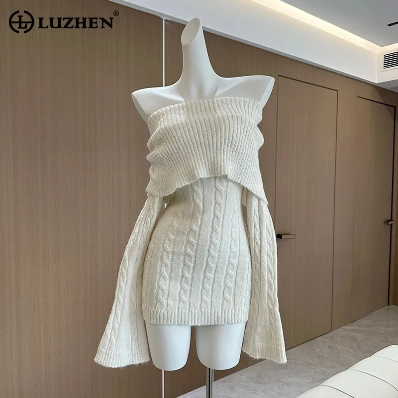 LUZHEN 2024 New Elegant One Shoulder Long Sleeve Knitted Pullover Dress Women Fashion Solid Color Bodycon Female Sweater AA2407