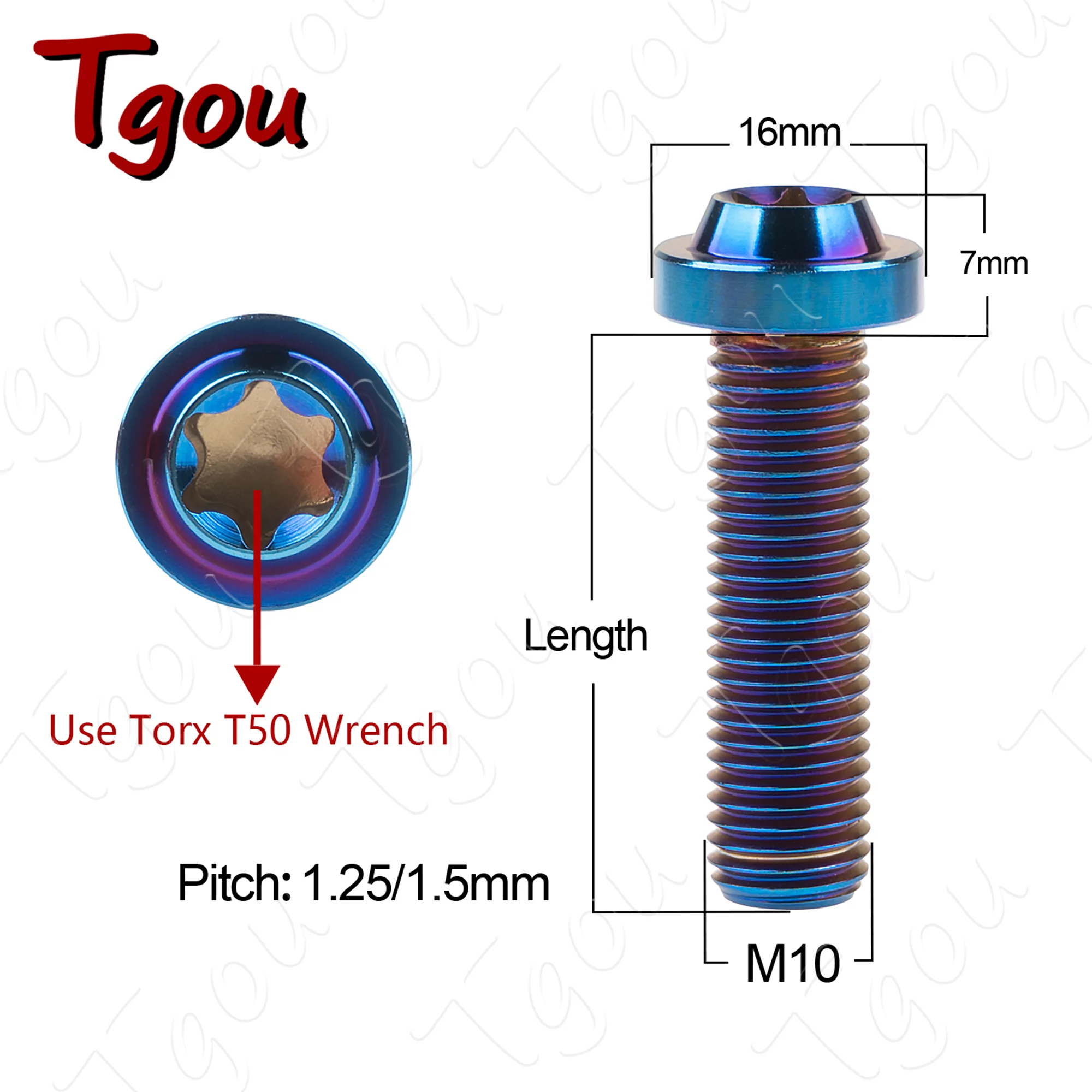 Tgou Titanium Bolt M10x20 25 30 35 40 45 50 60 65mm 1.25/1.5 Pitch Plummer Head  Torx T45  for Motorcycle Car