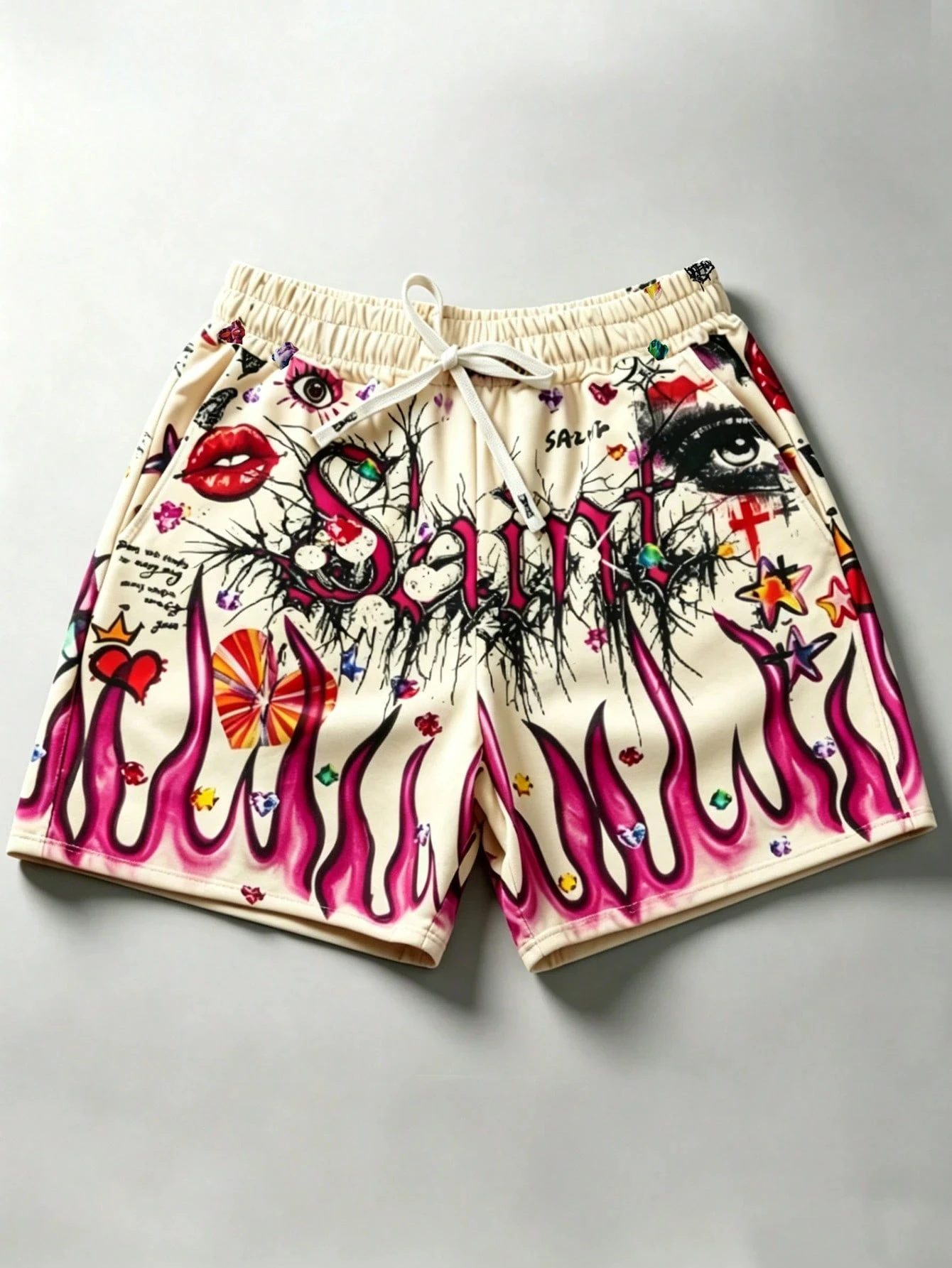 

Men's Beige Streetwear Shorts with Pink Flame & Graffiti Print, "Saint" Text & Eye/Lips Graphics, Breathable Casual Bottoms 2026