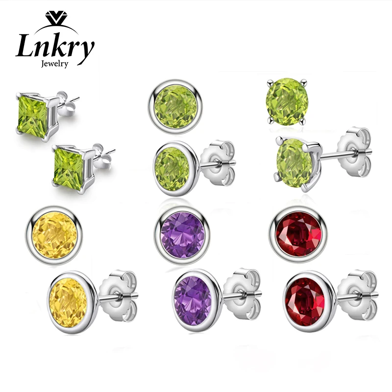 

Lnkry pendientes plata 925 Sterling Silver Piercing Earrings Natural Colorful Gemstones Stud Earring for WomenJewelry Gift