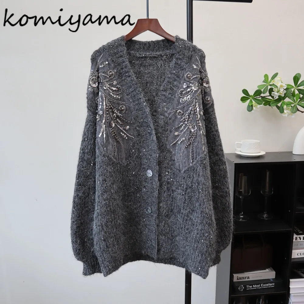 

Кардиган с блестками и бусинами, осень-зима, женский свитер 202, корейский свободный Ropa Mujer, модные кардиганы с v-образным вырезом, однобортная одежда