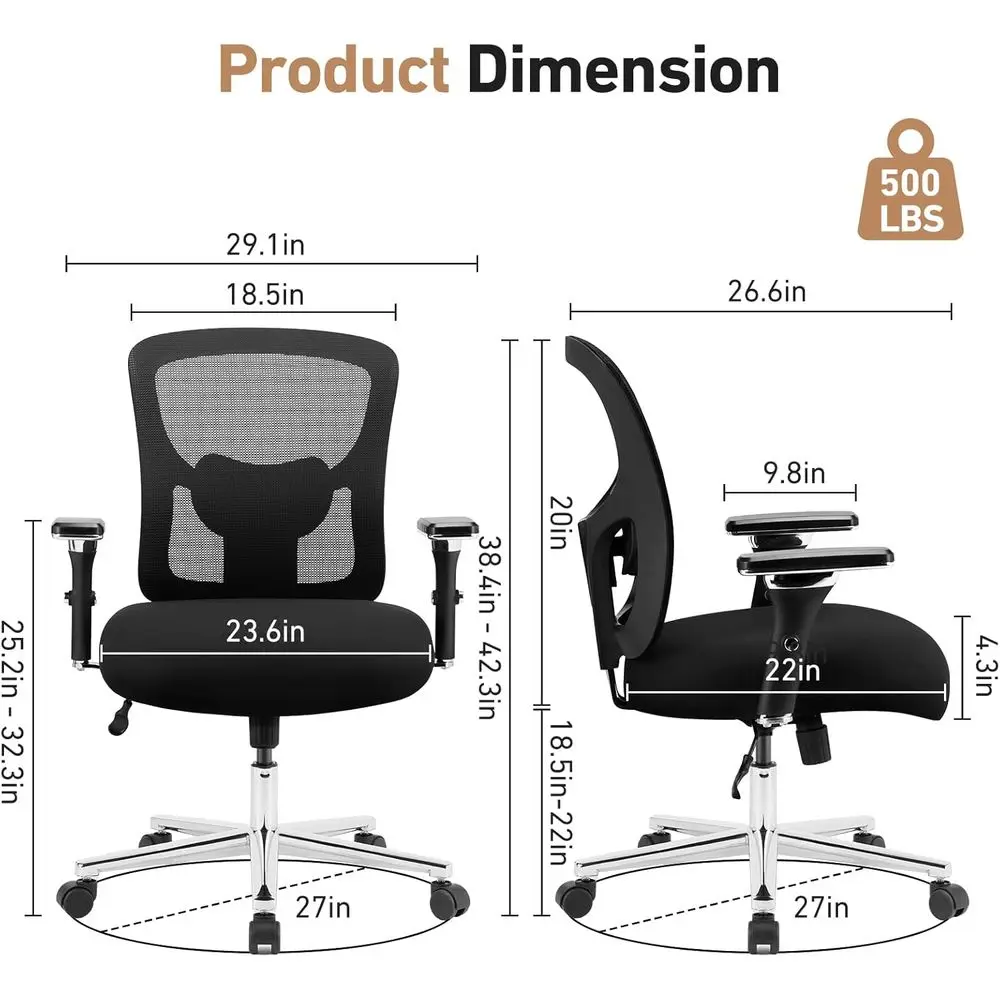 Ergonomic Home Office Desk Chair - Heavy Duty Mid Back with Lumbar Support & 4D Armrest, Height Adjustable Mesh Computer Gaming