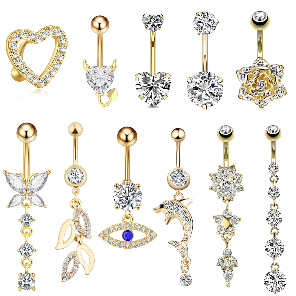 1PC Gold Color Series Crystal Belly Button Rings Snake Flower Heart Belly Ring for Women Stainless Steel Dangled Navel Piercing