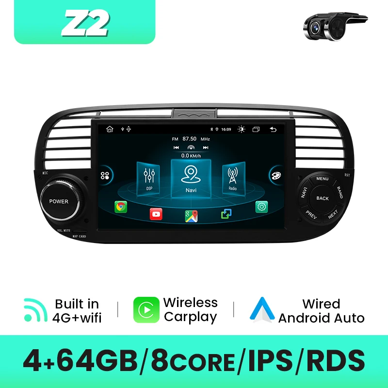 2Din Android Autoradio Voor FIAT 500 2007-2015 - GPS Navigatie 4G Wifi Draadloze CarPlay Android Auto Plug & Play