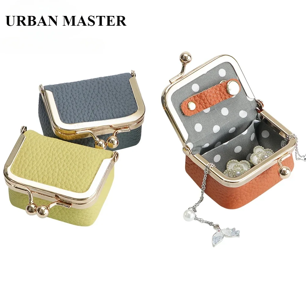 URBAN MASTER Mini monedero de cuero genuino, bolsa de cambio con cerradura Kiss de Color sólido, bolsa de almacenamiento pequeña de estilo informal