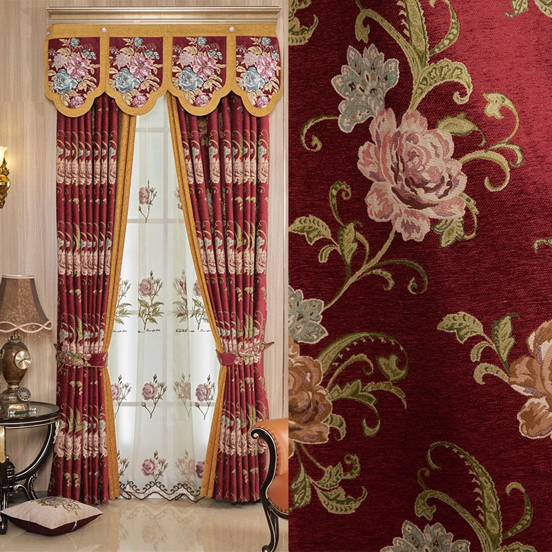 

European luxury thick Chenille jacquard red cloth curtain valance drape C1399
