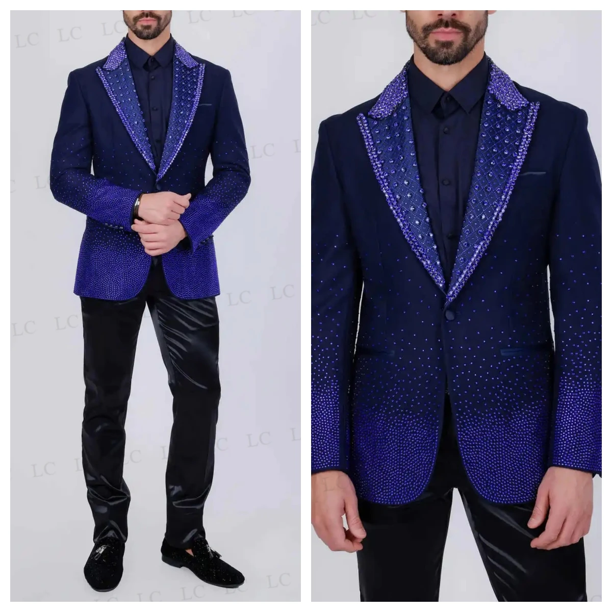 

2 Pieces Peaked Lapel Men Suits Tuxedo One Button Diamonds Beads Uniform Ceremony Formal Prom Wedding Groom Custom Plus Size