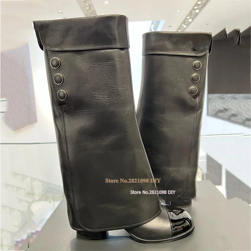 

Black Leather Casual Style Blended Fabrics Mixed Color Plain Leather Round Toe Block High Heels Knee Length Boot Woman's Shoes