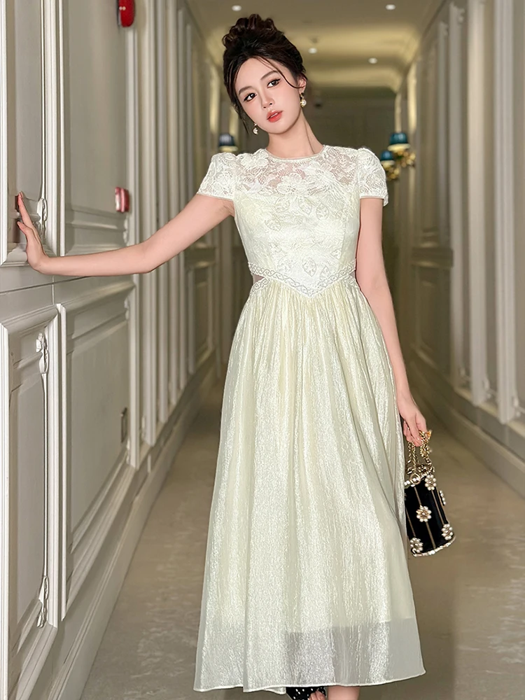 Robe de rencontre élégante de célébrité pour femmes, exquise, dentelle transparente, épissure, taille ajourée, Robe trapèze, charme féminin, fête