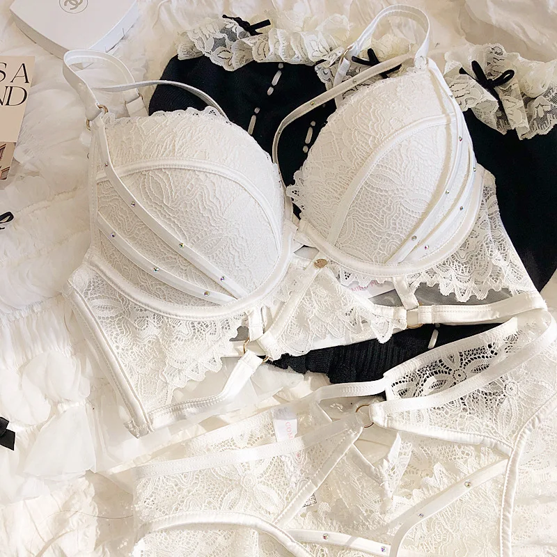 Sexy Hollow Bandage Rhinestone Bralette Small Chest Gathering Bra Set Thick Underwear Bras Large Size Push Up Lingerie Panty