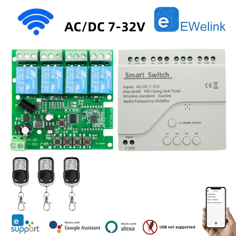 

Умный WiFi-переключатель EWelink 4CH, релейный модуль 7-32В 10А, дистанционное управление через приложение, приемник 12В 24В, совместимость с Google Home и Alexa