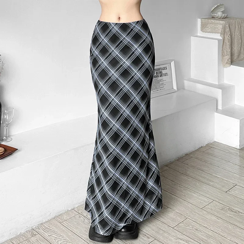 

Aesthetics Retro Plaid Print Mesh Long Skirts Y2K Vintage 90s Low Waist Double Layer Straight Midi Skirt Korean Fashion Clothes