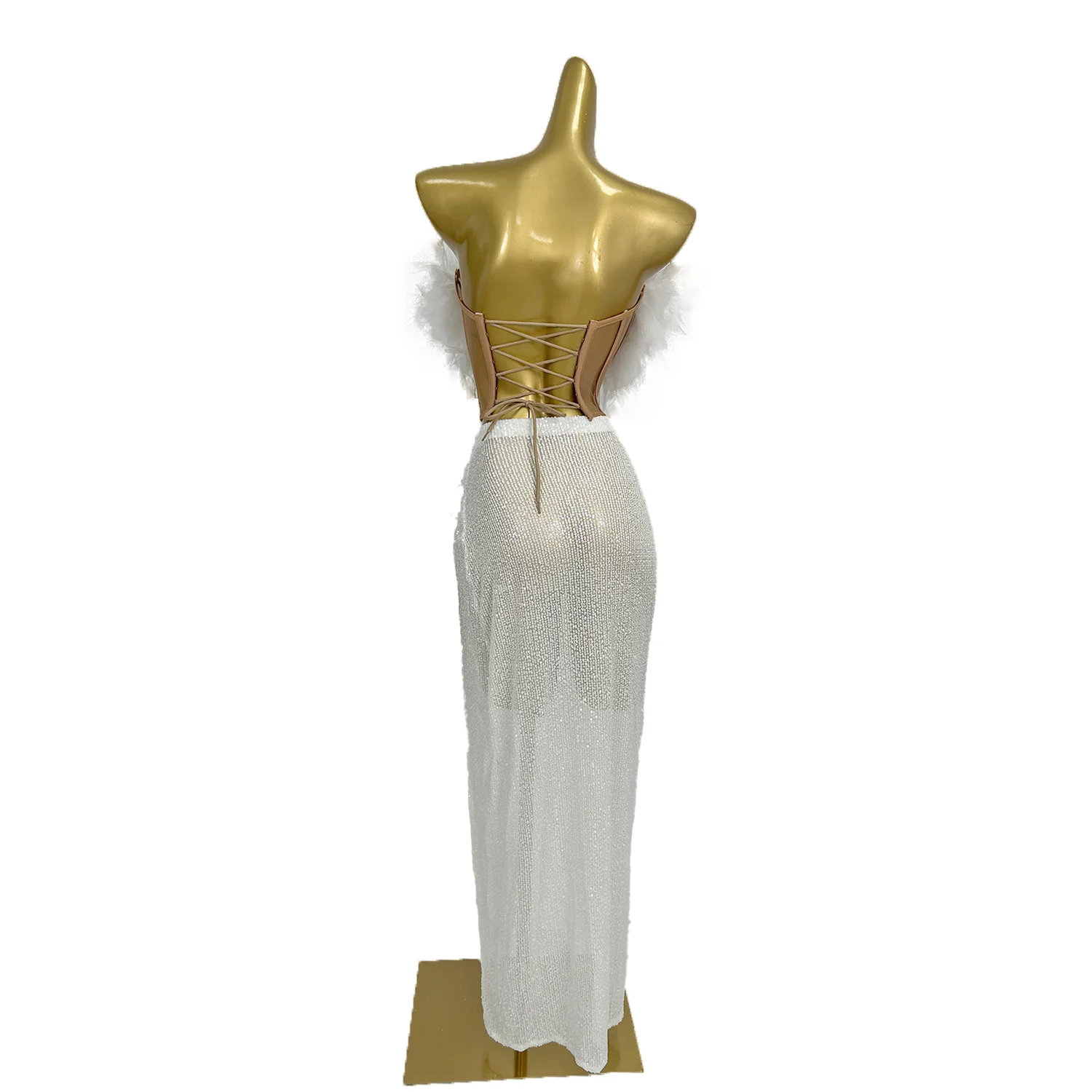 Sexy branco sem alças saia longa 2 pçs conjunto de renda pesado bordado apertado espartilho lantejoulas saia irregular vestido de festa de férias bailian