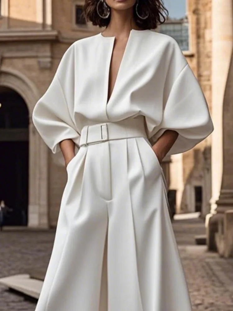 Yeezzi Women's White Wide Leg Jumpsuit With Belt 2025 New Half Sleeves Loose Deep V-Neck Elastic High Waist Elegant Jumpsuits