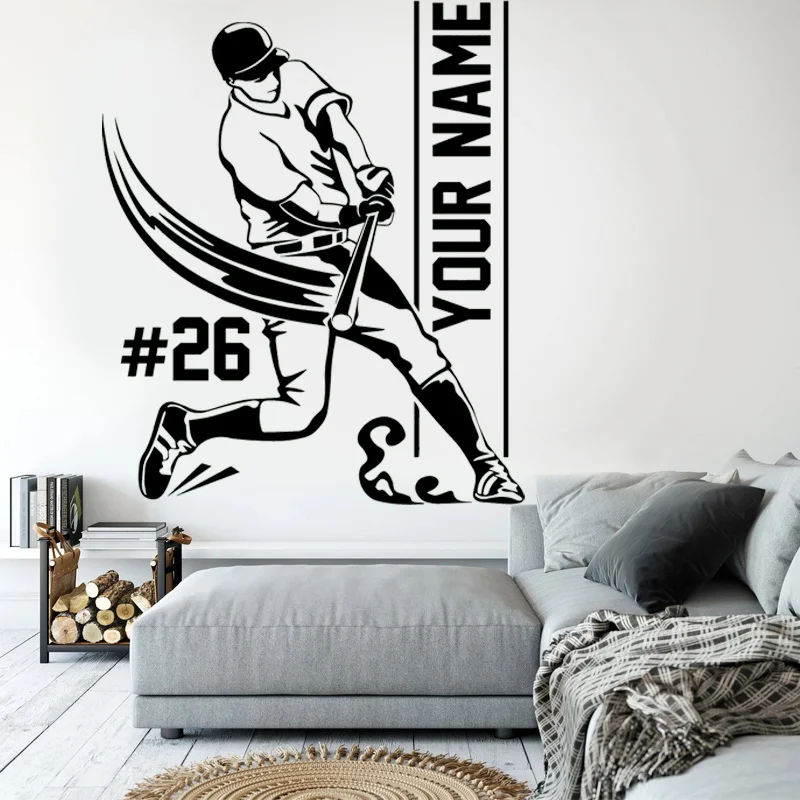 Custom Baseball Batter Name & Number Wall Sticker Vinyl Modern Home Decoration Boys Teens Room Bedroom Sport Decals Mural G021