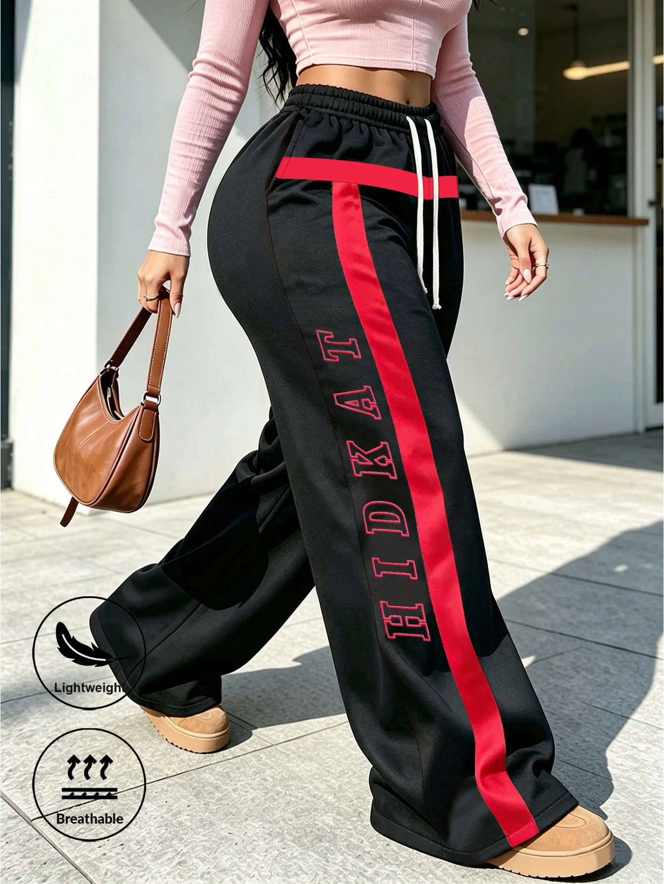 Retro Side Striped Letter Wide Leg Sports Pants with High Waisted Drawstring and Breathable Street Style Casual Pants