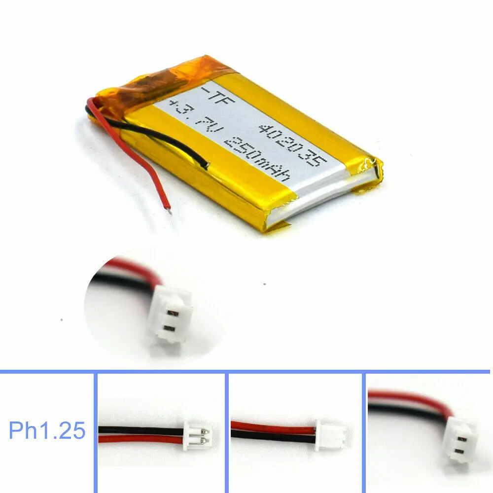 3.7V 250mAh Lipolymer 402035 Battery With JST 2Pin Plug Rechargeable Cell for Lamp Led Camera GPS Reader Recorder