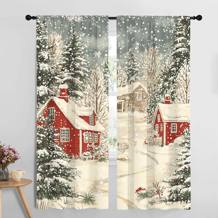 2PCS Digital Print Curtain, Christmas Snow Village with Red Cabins and Snowy Trees, Falling Snow, Cozy Winter, for Bedroom Decor