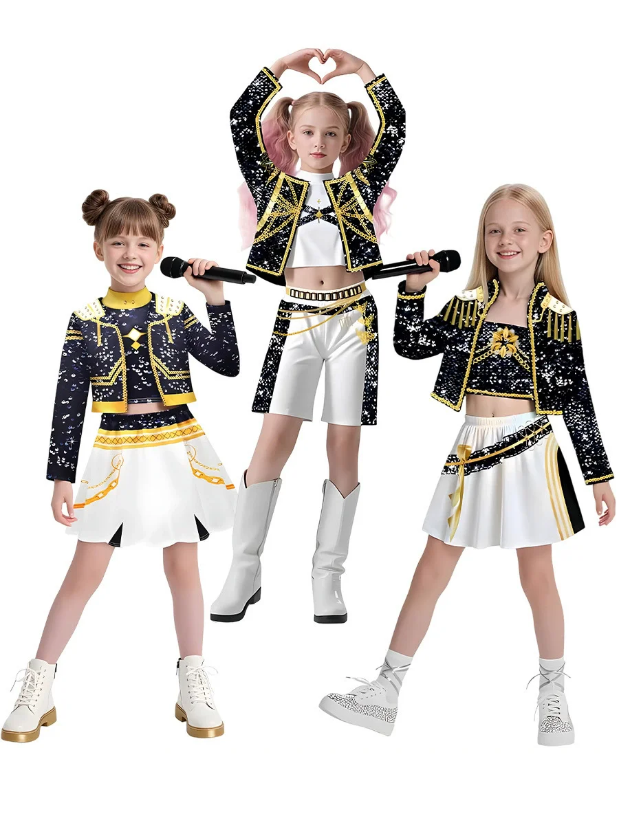 K-Pop شيطان زوي ميرا تأثيري حلي الاطفال الفتيات فستان حفلة تنكرية المعبود فيلم تأثيري هالوين كرنفال الملبس الذهبي المرحلة البدلة #3