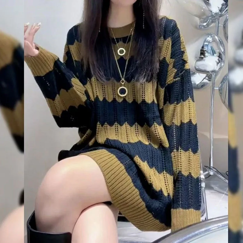 Fashion Color Blocking Hollow Out Striped Sweaters Female Autumn Round Neck Vintage Elegant Long Sleeve Loose Knitted Jumpers