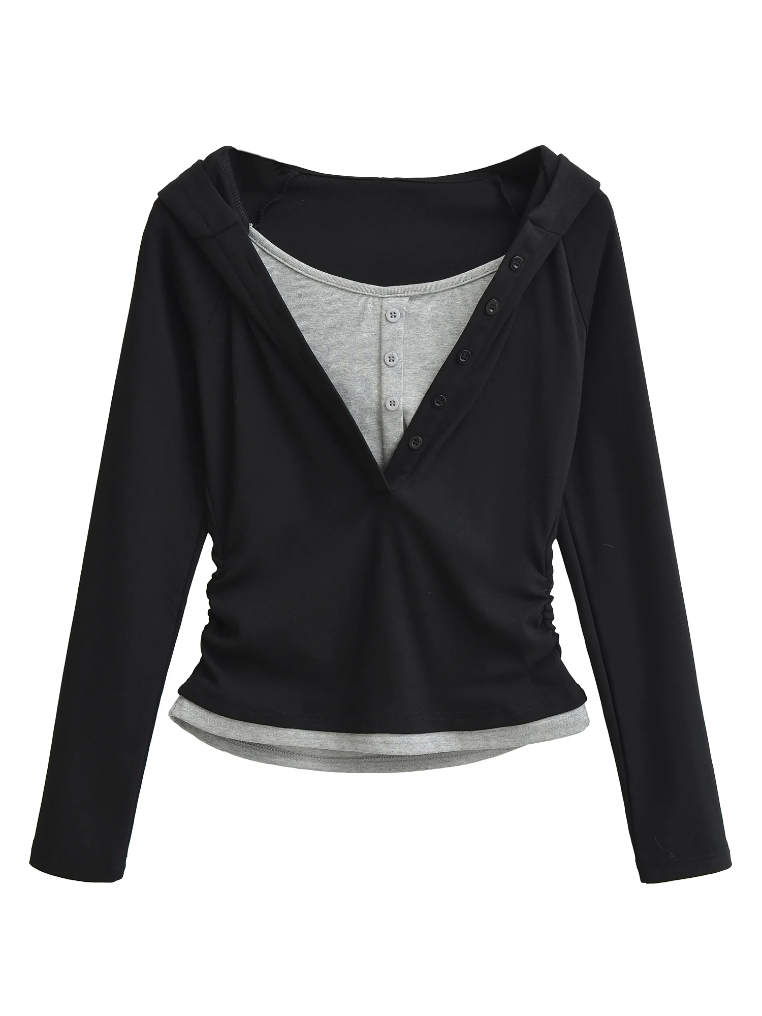 Retro American Folded Waist Slimming Fake Two-Piece Hoodie Women's ort Sle V-ne Long Sve Commute Autumn Top