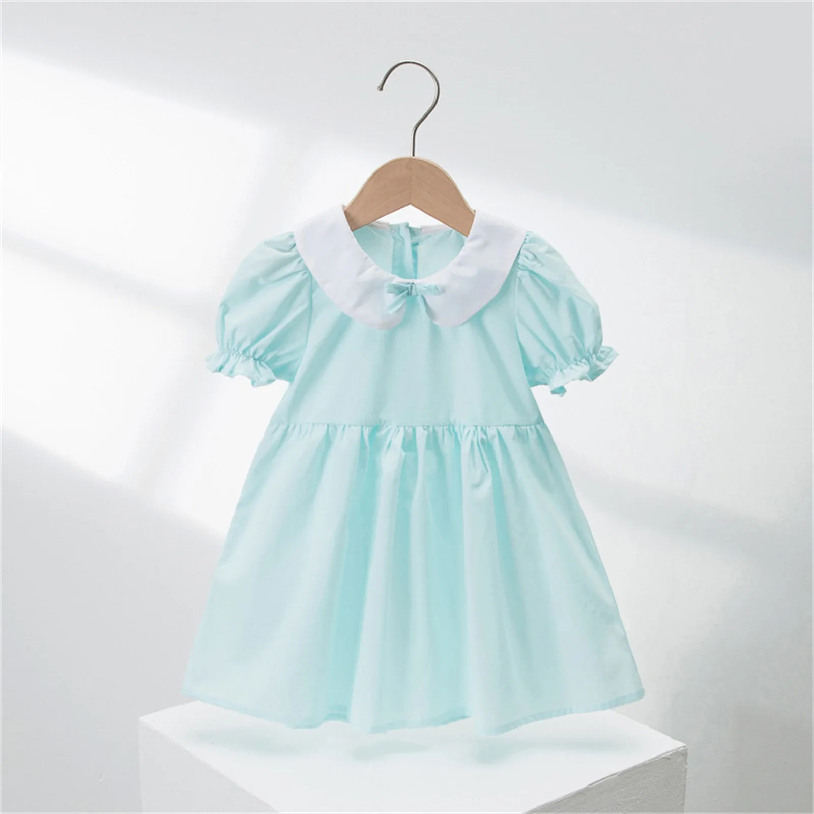 Children Kids Girls Dress Fashion Short Bubble Sleeve Solid Color Princess Dress Pink Blue Dress Toddler Outfits Clothes 2-7T