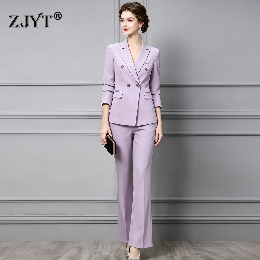ZJYT Elegant Chic Business Formal Blazer Suit Pants 2 Piece Sets Women 2026 Autumn Double Breasted Jacket Trousers Sets Office