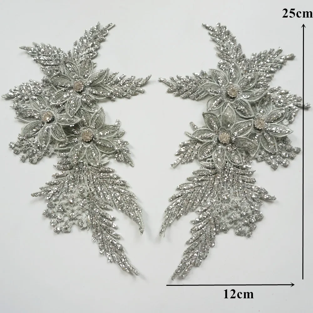 2Pcs Rhinestones Silver Sequin Embroidered Lace Applique Sewing Flower Fabric Patch Wedding Gown Bridal Dress Clothes DIY Crafts