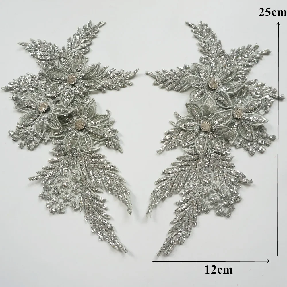 2 sztuk dżetów srebrny cekin haftowane koronki aplikacja kwiat do szycia łatka materiałowa suknia ślubna suknia ślubna ubrania DIY rzemiosło
