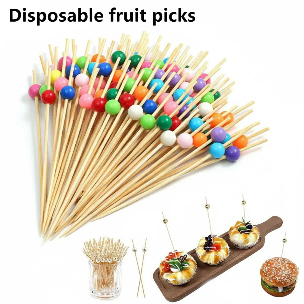 100 Uds. Brochetas de bambú con perlas para boda, selecciones de frutas de cóctel de madera desechables, tenedor para aperitivos, suministros de decoración para fiesta y Catering