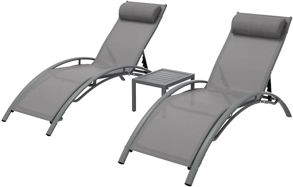 3 piezas Sun Lounge tumbona al aire libre mesa de acero sillas muebles de jardín gris