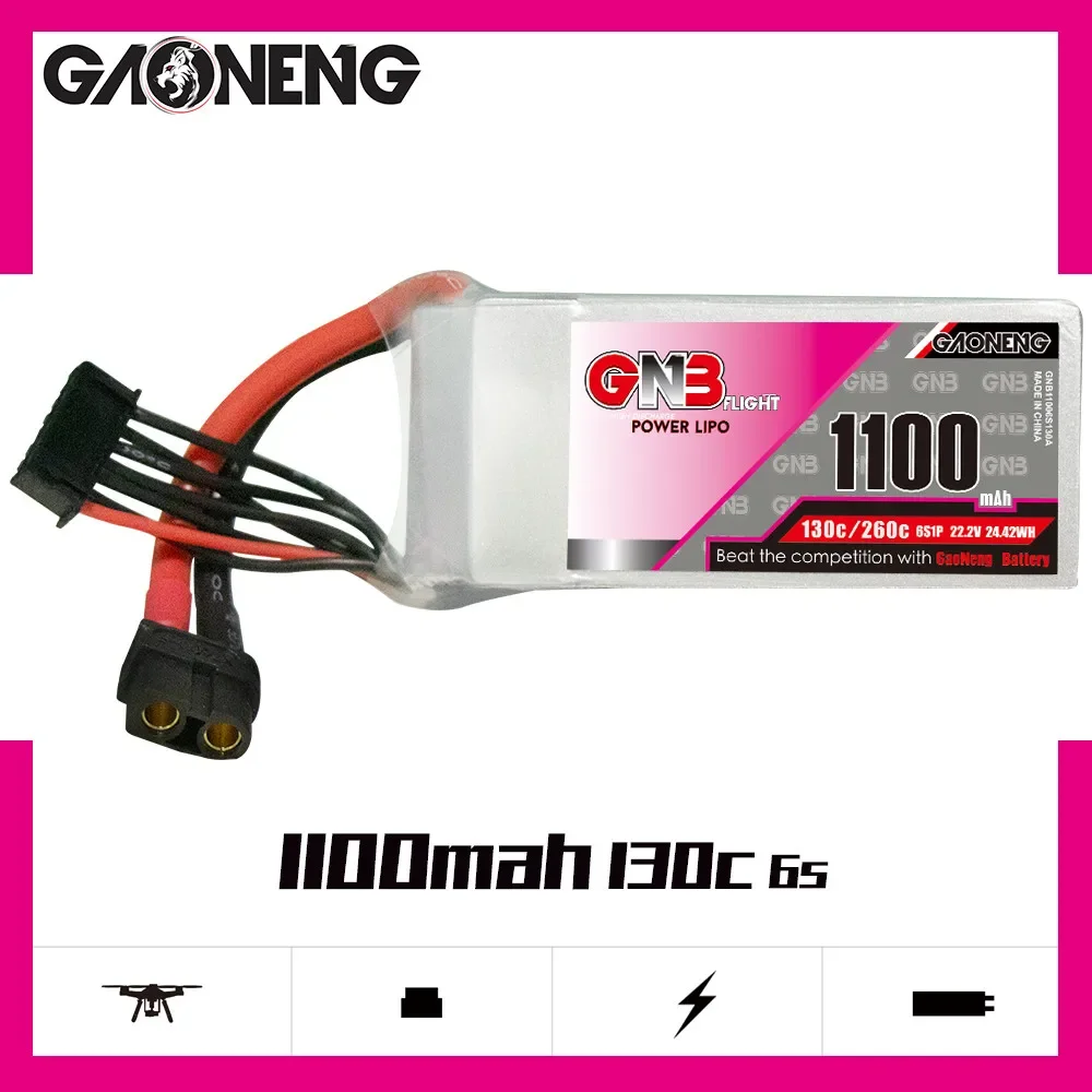 

GAONENG GNB 1100mAh 6S 130C 260C 22.2V XT60 LiPo Battery Size 90 to 150mm Brushless Drones Cine Whoop Cinelog Helicopter