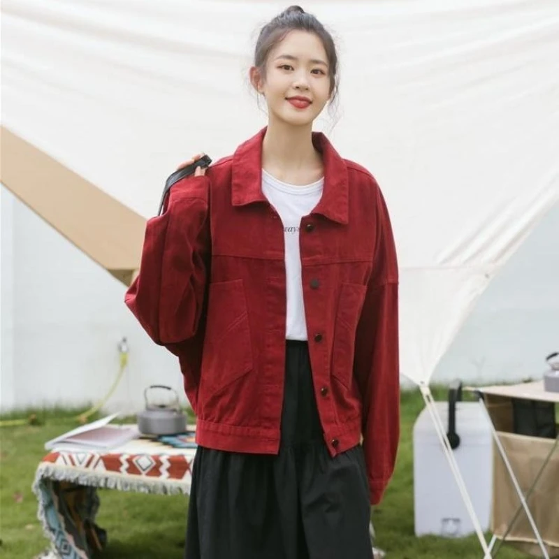 2025 Moda mujer Vino suelto - Vaquero rojo Retro Hong - Estilo Béisbol Ins Ropa de abrigo de otoño de moda