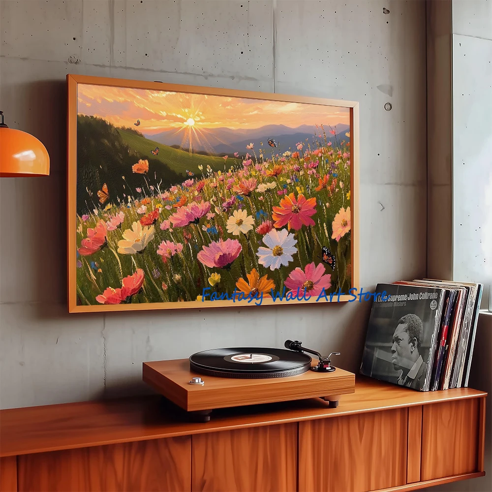 Spring Flower Field Landscape Rustic Sunshine Butterflies Spring Red Ladybug Rustic Poster Canvas Painting Wall Pictures Decor
