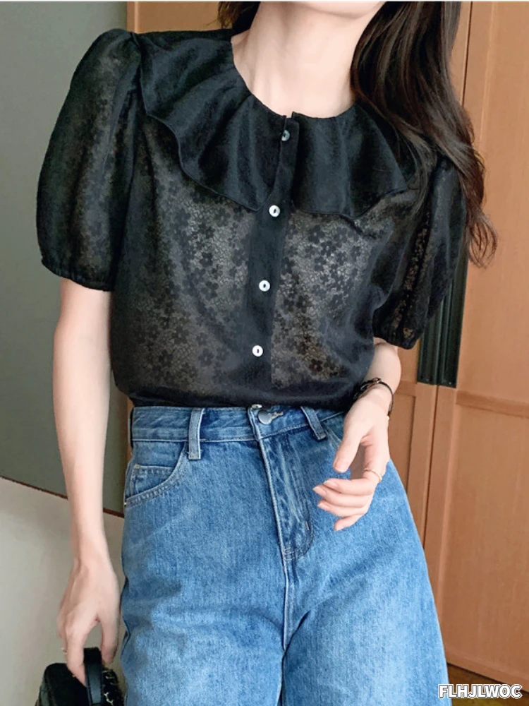 

2022 Woman Summer Cute Sweet Girls Ruffles Tops Blusas Japan Style Chic Korea White Black Purple Single-Breasted Button Shirts