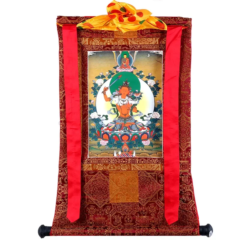 Tibetan Handmade Double-Layer Mounting Bronzing Gold-Plated Heart Thangka Manjushri Buddha Paintings