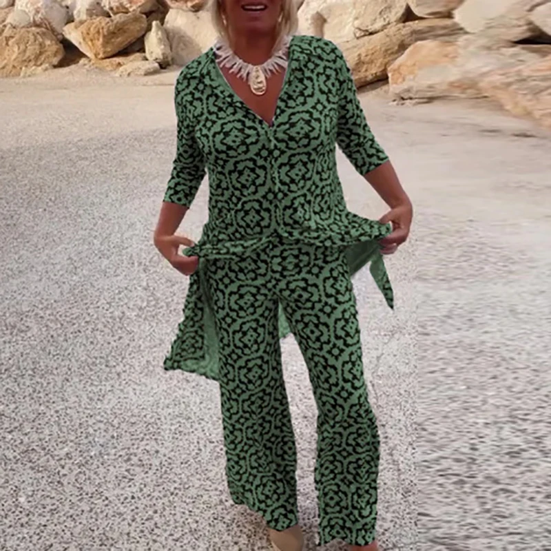 لطيفة الربيع الصيف رقيقة فضفاضة قطعتين مجموعة عارضة نمط مطبوعة البوهيمي الزي سيدة التلبيب نصف كم قميص مع السراويل الطويلة