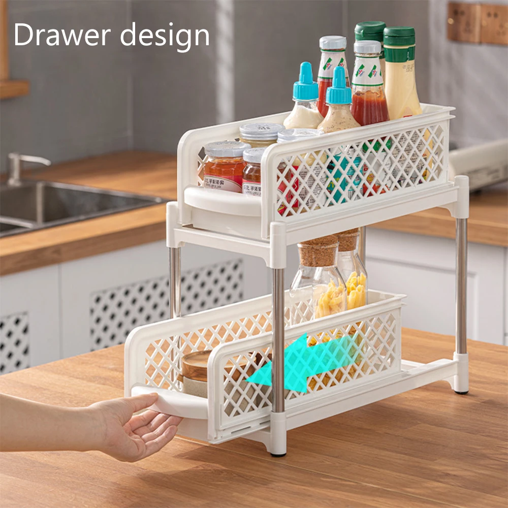 

2-Tier Under Sink Organizer Storage Holders Sliding Drawer Container Holder Home Bathroom Kitchen Multi-Purpose Spice Container