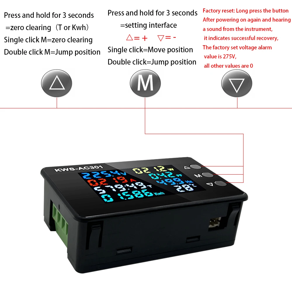Vatímetro de KWS-AC301, voltímetro de CA 50-300V, analizadores de potencia 50-60HZ, LED, Detector de electricidad de CA 0-20/100A
