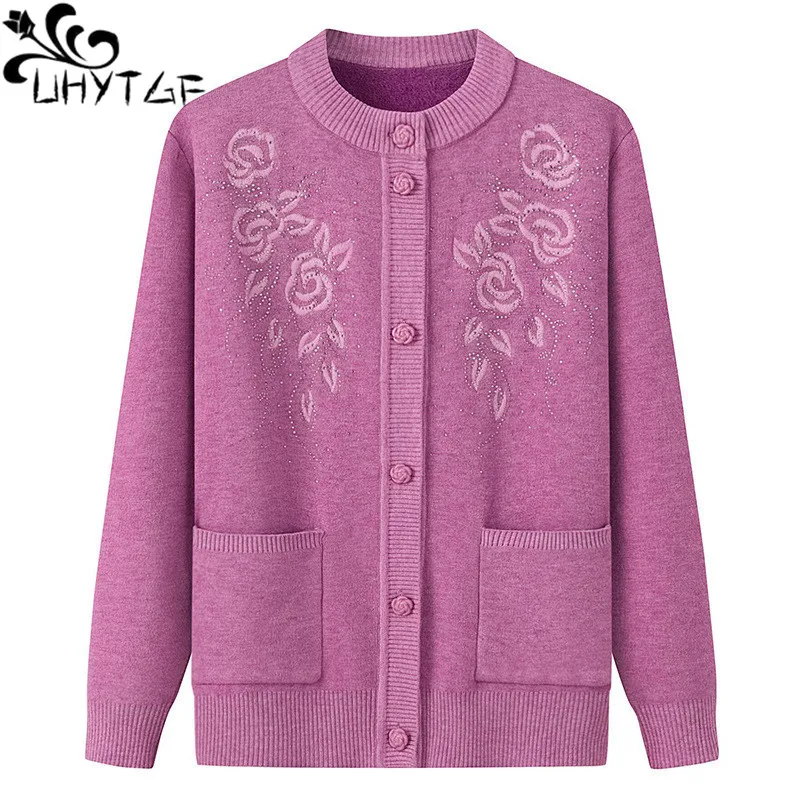 

Knitted Cardigan Sweater Coat Women Middle-Aged Elderly Plush Warm Autumn Winter Sweaters Female Embroidered Knitwear Tops 2470