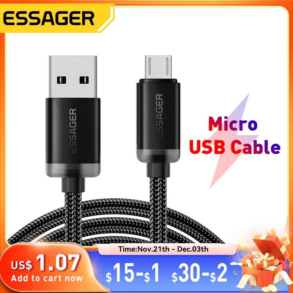 Essager Micro USB Cable 2A Fast Charging USB Cable for  Xiaomi Realme Redmi Samsung Huawei Mobile Phone USB Data Charger Wire 3M