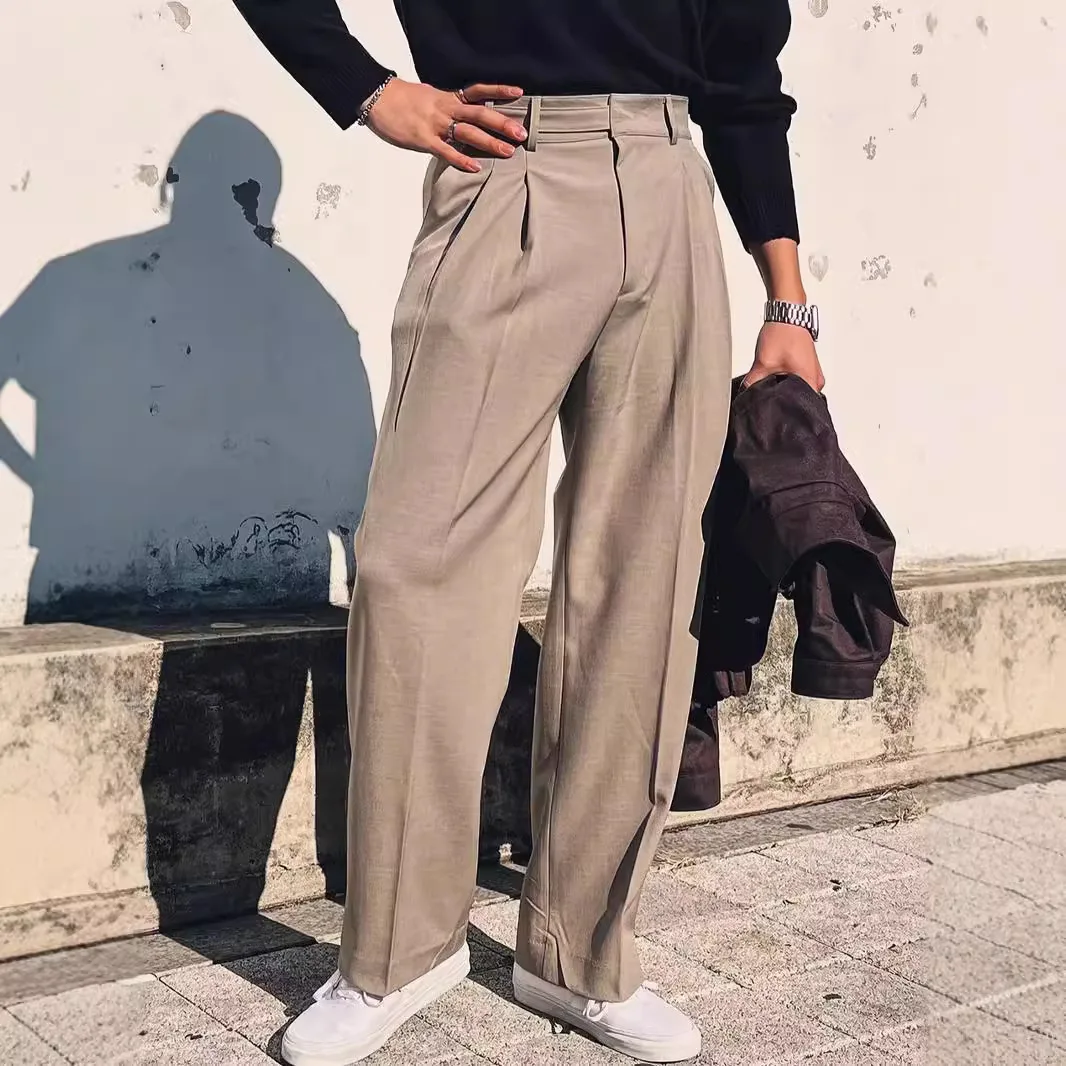 

European 2026 New Fashion Men's Solid Color Khaki Black Casual Trendy Straight Basic Suit Trousers Male Simple Pants Clothes