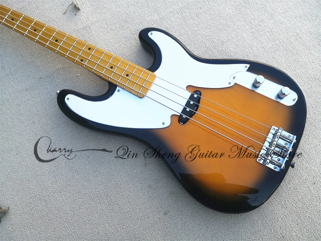 4 strings sunburst bass guitar Tel bass prec bass basswood body yellow neck white pickguard fixed bridge