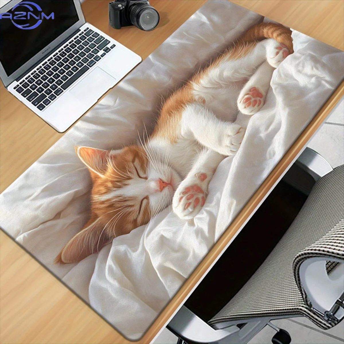 1pc XXL Sleeping Cat on Bed HD Printed Desk Mat - Non-Slip Rubber Base Gaming Mouse Pad & Keyboard Mat for PC Gamers, Office Com