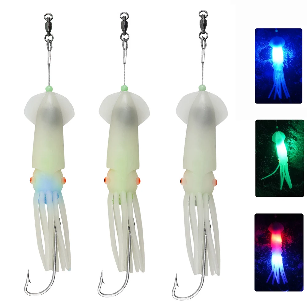 3Pcs Saltwater Lighted Squid Fishing Lures 6/0 Hooks Squid Jig Halibut Ling Cod Trolling Lures Flasher Offshore Tuna Lures