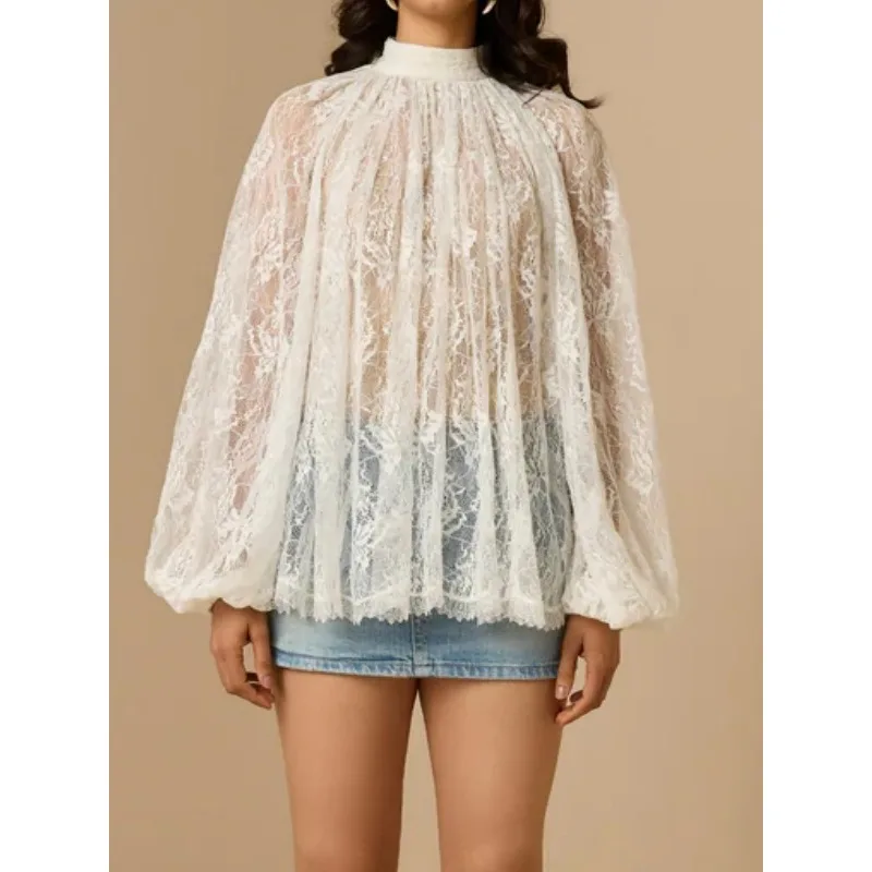 

Tinaa Французская мягкая кружевная футболка для женщин 2026 Новые плиссированные свободные топы и футболки со стоячим воротником и рукавами-фонариками Date Elegant Sheer Tops 197511